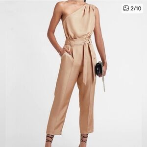 Express Champagne Gold Satin One Shoulder Jumpsuit Medium Elegant